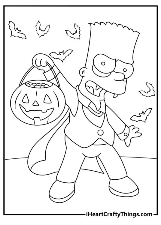 A Halloween Bart coloring sheet shows him wearing a vampire costume