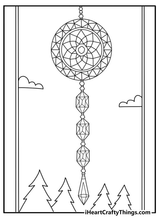 A crystal sun catcher hangs near a window in this coloring page
