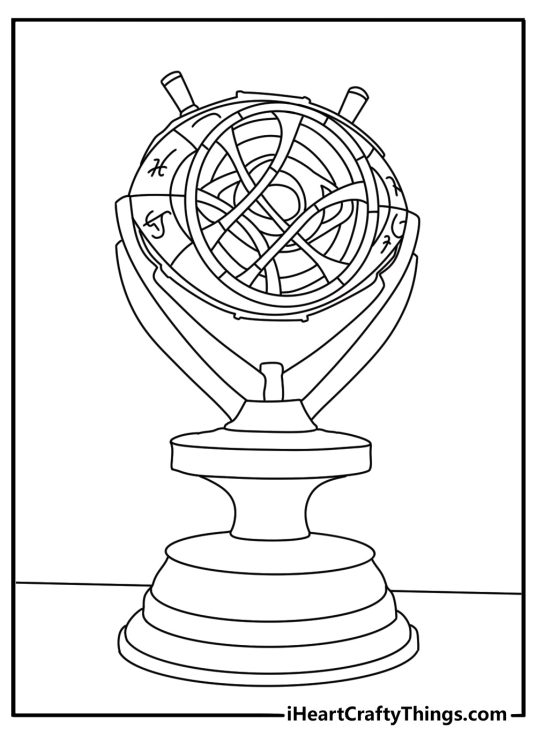 A detailed Doctor Strange coloring page features the Time Stone glowing inside its holder