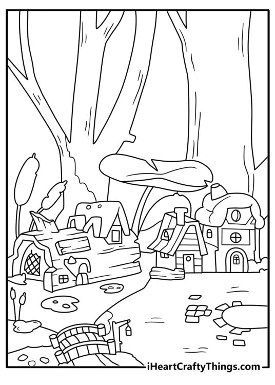 A frog village filled with wooden houses makes a simple kids coloring page