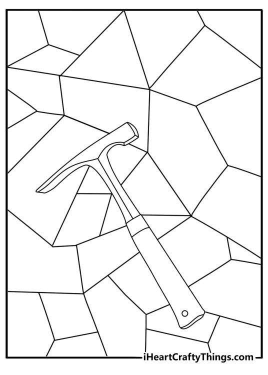 A large crystal cluster beside a small hammer makes this geology coloring sheet