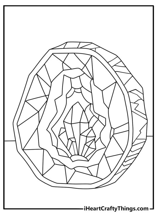 A large geode with crystal layers fills this detailed coloring page