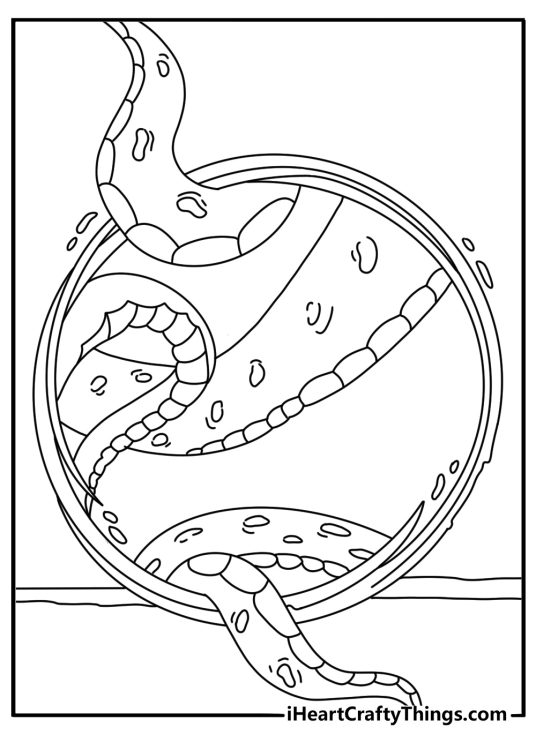 A monster tentacle reaches through a portal in this dramatic coloring page
