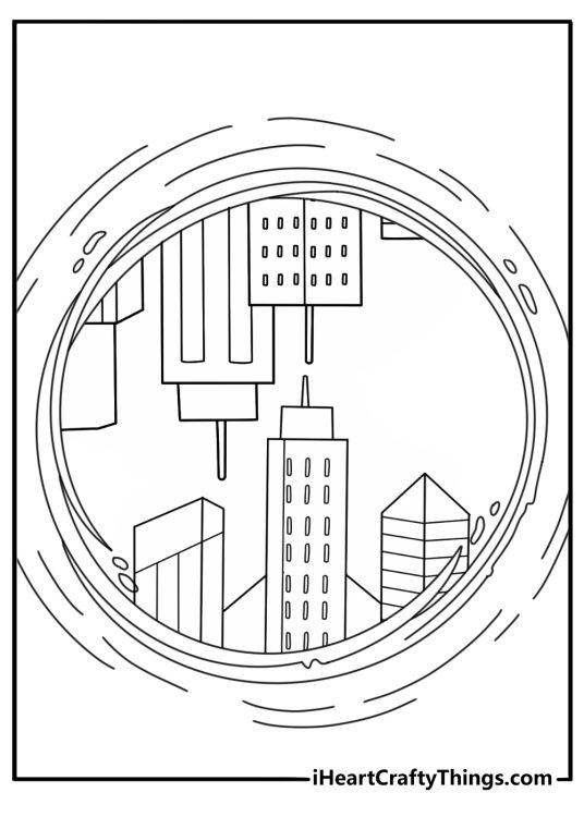 A multiverse portal filled with floating worlds makes this detailed coloring page