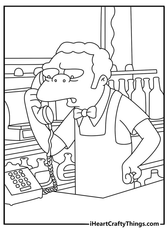 A prank phone call at Moe Tavern fills this classic Bart coloring printable