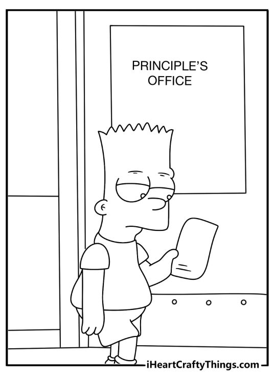 A sad Bart Simpson coloring page shows him sitting outside the principals office