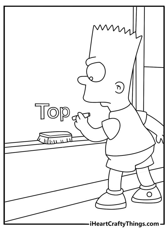 A simple cartoon coloring sheet shows Bart writing lines on the classroom chalkboard