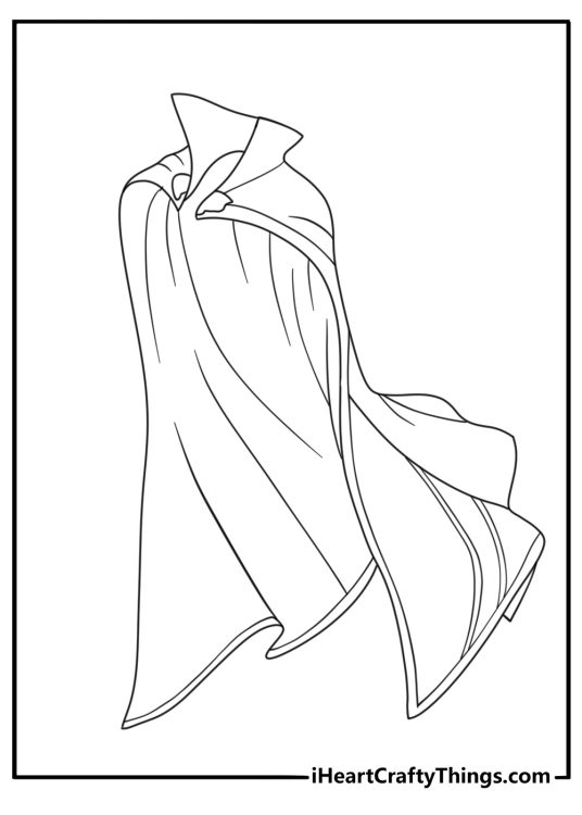 A simple superhero coloring page shows the Cloak of Levitation floating nearby