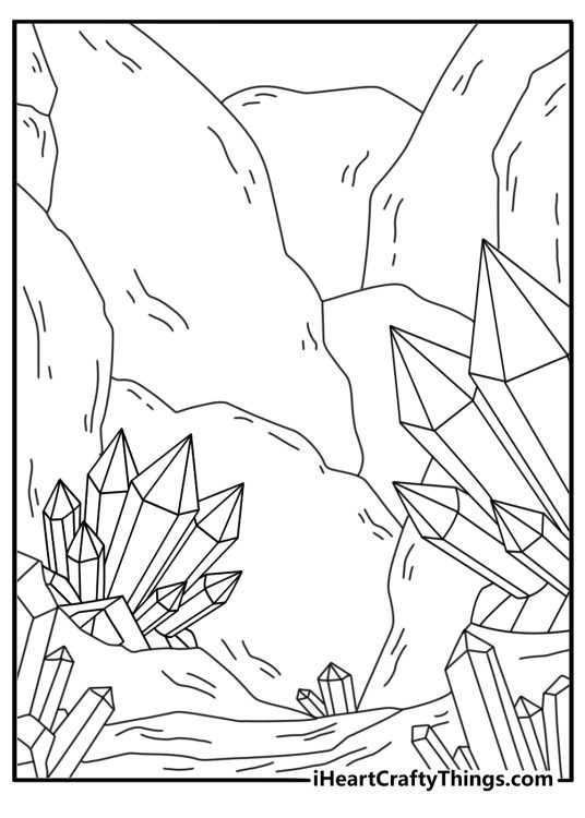 A sparkling crystal cave fills this detailed coloring sheet