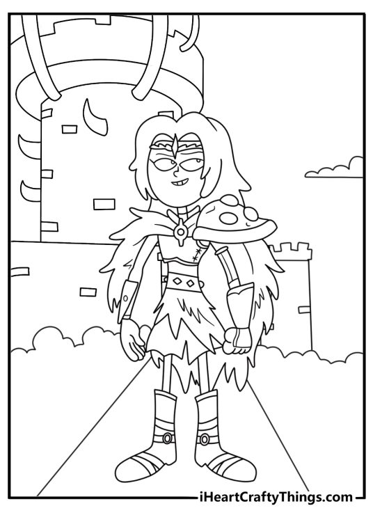A stone tower rises behind Sasha in this detailed Amphibia printable