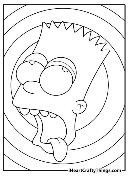 A trippy Bart Simpson coloring page uses swirling shapes around his head
