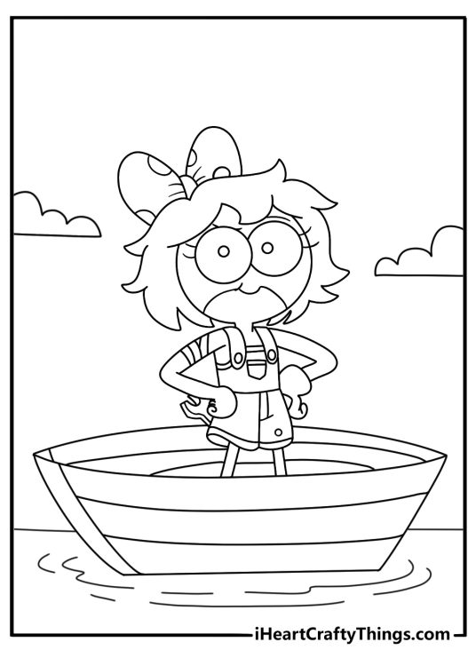 Amphibia coloring page for kids showing Polly beside a tiny wooden boat