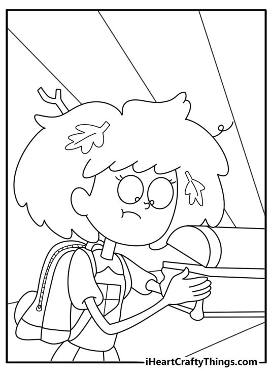 Amphibia coloring page showing Anne beside the glowing Calamity Box
