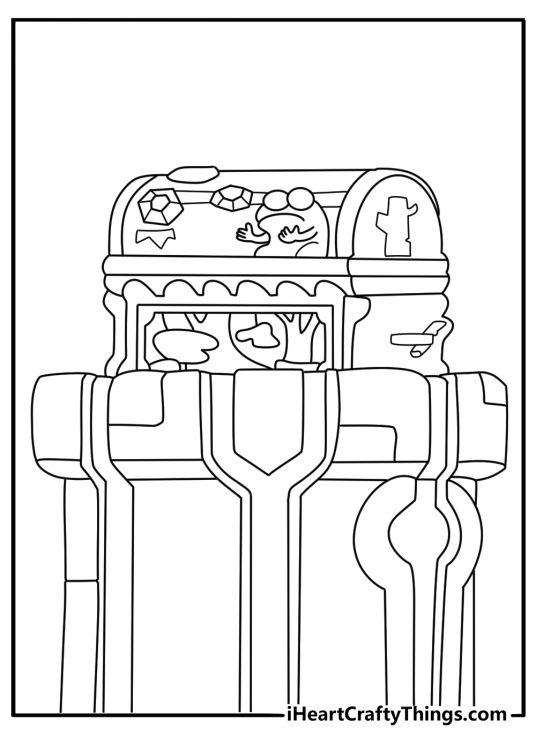 Amphibia coloring sheet featuring the Calamity Box on an old stone pedestal