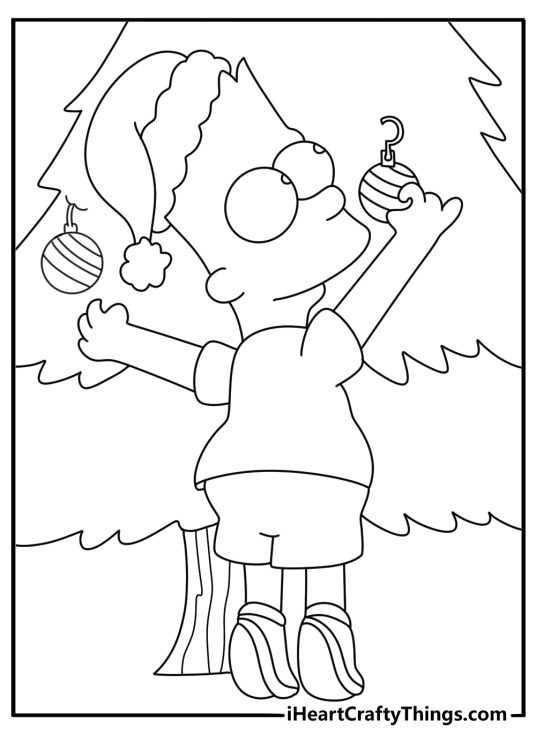 Bart Simpson Christmas coloring page with Bart decorating the family tree
