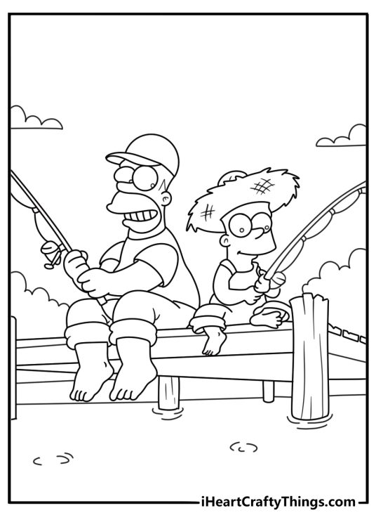 Bart Simpson coloring page for kids showing Bart fishing with Homer