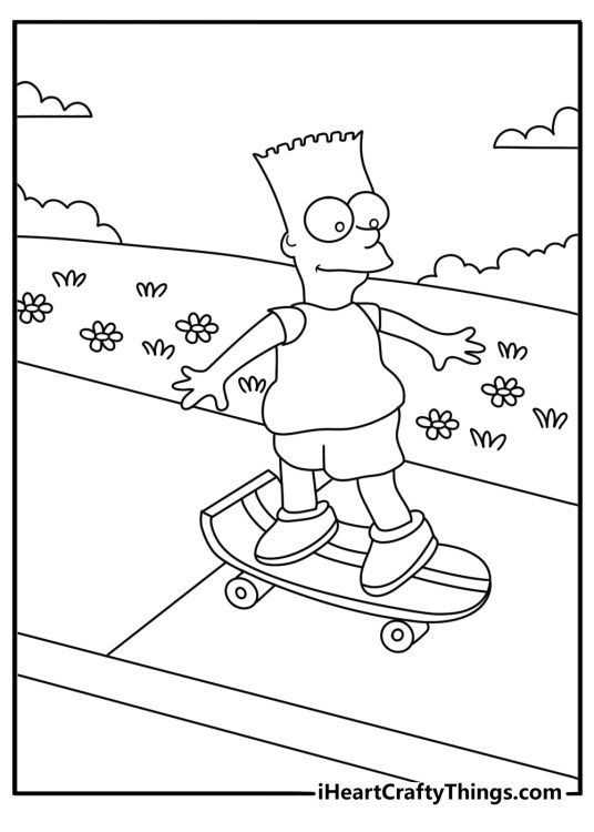 Bart Simpson coloring page showing Bart riding his skateboard past Springfield Elementary
