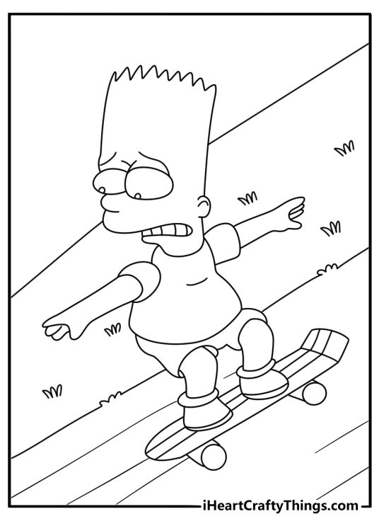Bart Simpson coloring pages scene featuring Bart racing downhill on a skateboard
