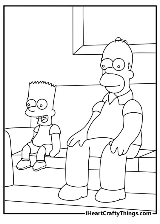 Bart and Homer sit together on the family couch in this easy coloring sheet