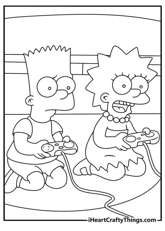 Bart and Lisa coloring page showing the siblings playing a video game