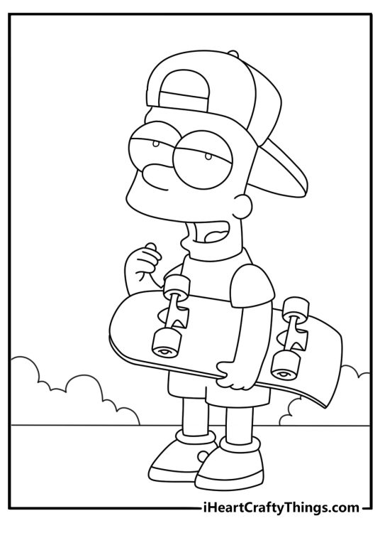 Cool Bart Simpson coloring page featuring a backwards cap and skateboard