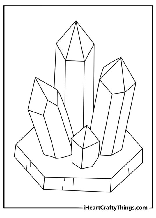 Crystal coloring page showing a quartz cluster on a stone base