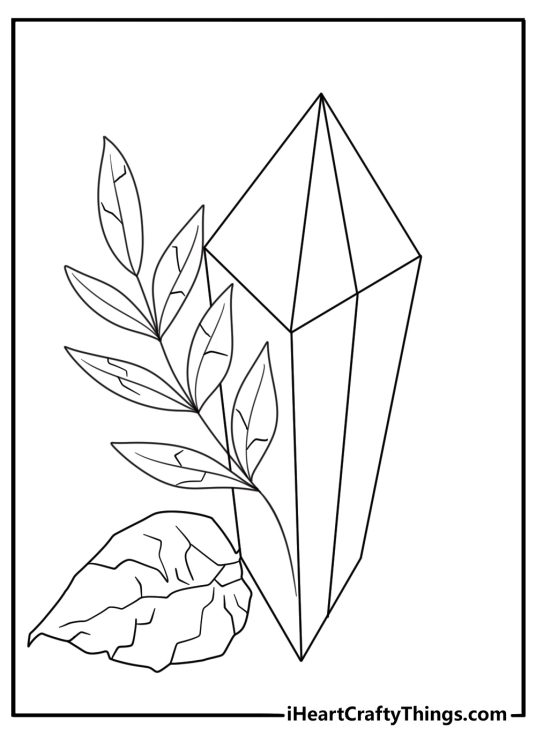 Crystal coloring pages printable with quartz points beside dried leaves