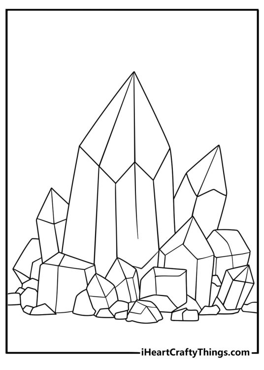 Crystal coloring pages scene featuring gemstones inside a rocky wall