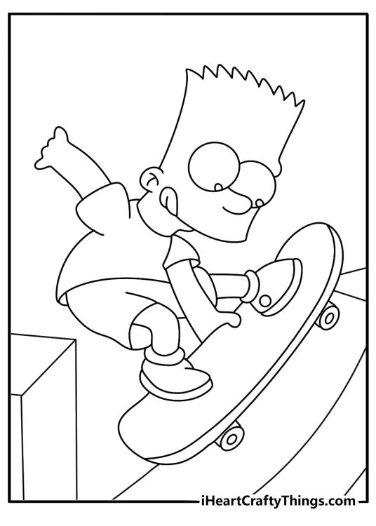 Detailed Bart Simpson printable shows Bart exploring the Springfield skate park