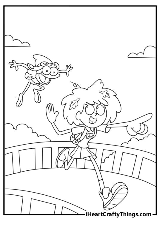 Disney Amphibia coloring pages scene featuring Anne crossing a swamp bridge