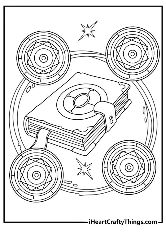 Doctor Strange coloring page for fans showing a spell book surrounded by magic symbols
