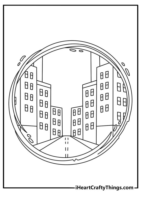 Doctor Strange coloring page showing a glowing portal above a city street
