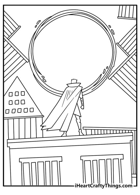 Doctor Strange coloring pages printable showing a magical doorway over a rooftop