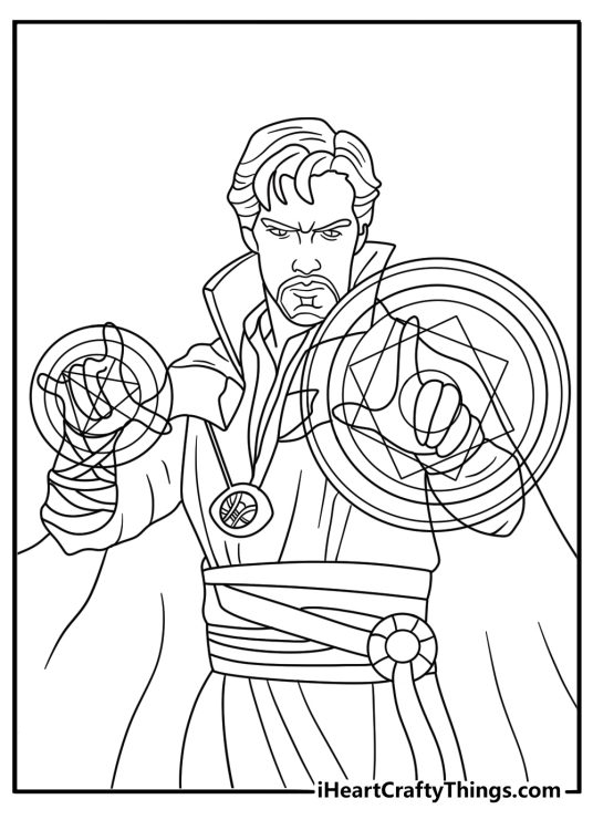 Doctor Strange creates several glowing shields in this printable action scene