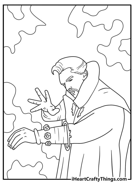 Doctor Strange uses the Cloak of Levitation in this action coloring page