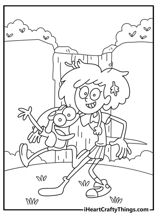 Free Amphibia coloring pages printable showing Anne and Sprig near a waterfall