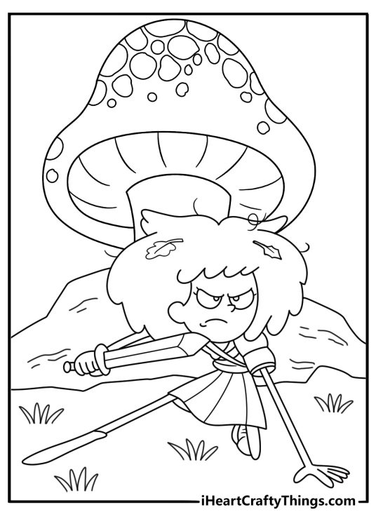 Free Anne coloring sheet featuring her sword near giant mushrooms