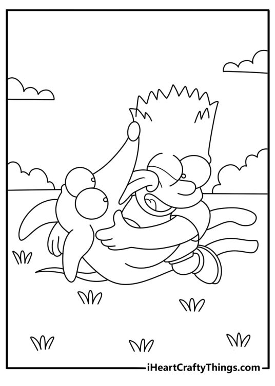 Free Bart Simpson coloring page featuring Bart playing with Santa Little Helper