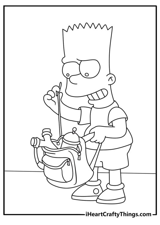 Free Bart Simpson printable featuring a slingshot beside his backpack