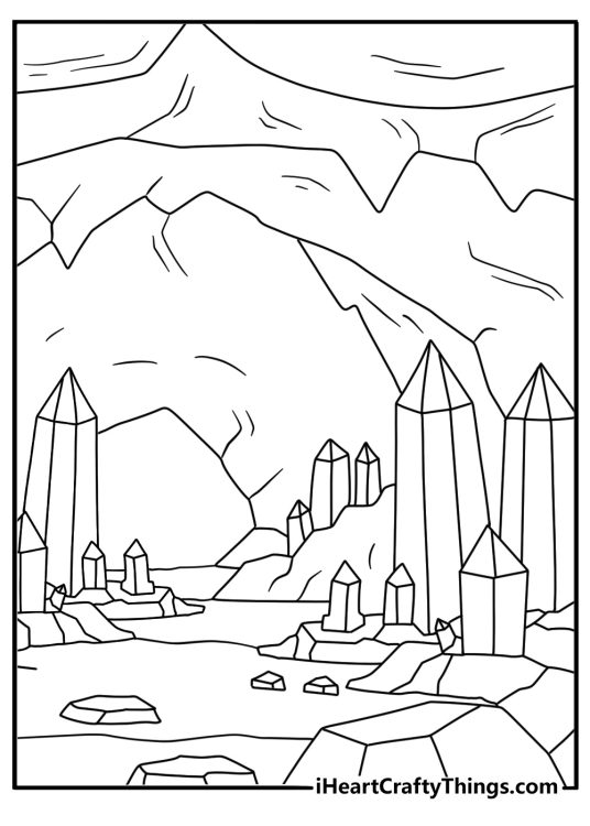 Free Crystal coloring pages coloring page showing crystal formations inside a mine
