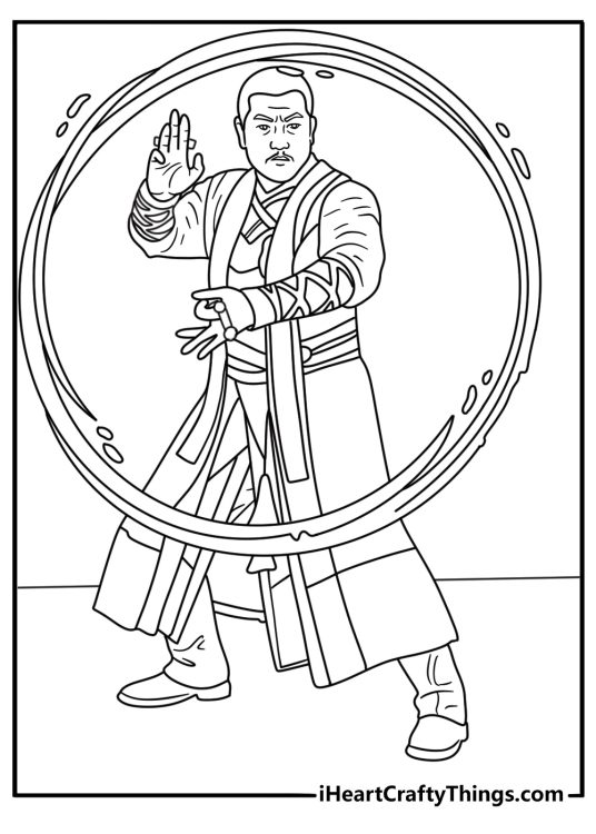 Free Marvel coloring sheet showing Wong opening a magical doorway