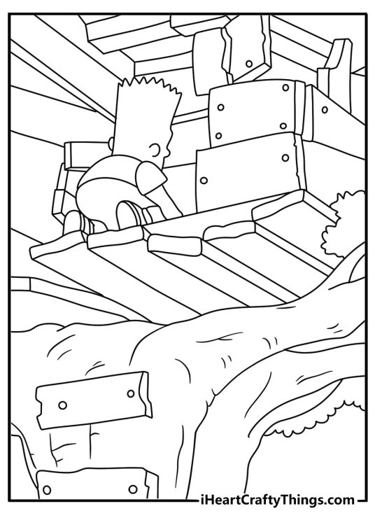 Free Simpsons coloring sheet showing Bart inside his treehouse