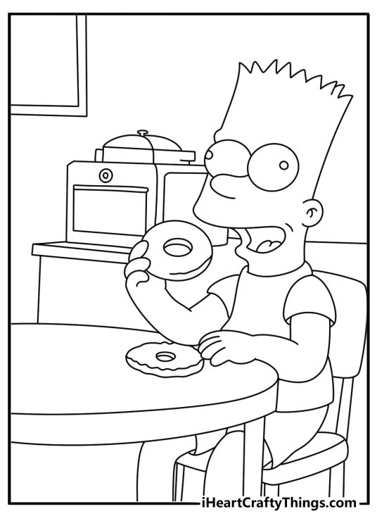 Free cartoon printable featuring Bart eating a donut in the kitchen
