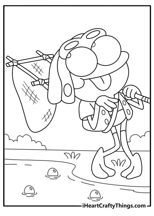 Free printable Amphibia sheet showing Sprig catching bugs near the pond