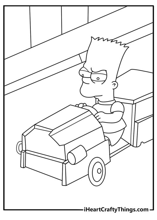 Free printable scene of Bart building a soapbox race car