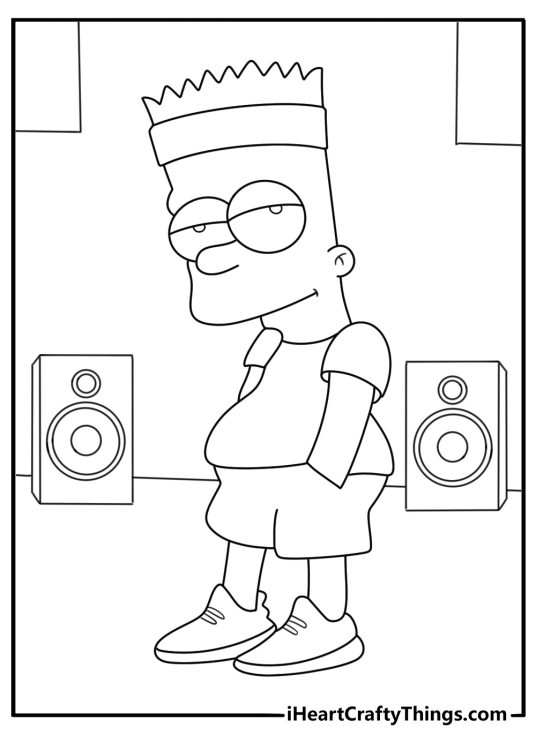 Gangsta Bart Simpson coloring page showing Bart in streetwear beside a boom box
