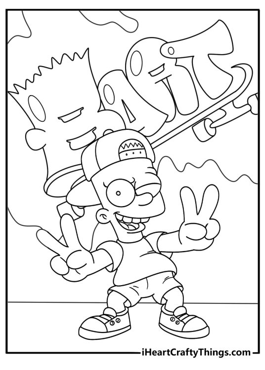 Hood Bart Simpson coloring page showing Bart near a brick wall with street art