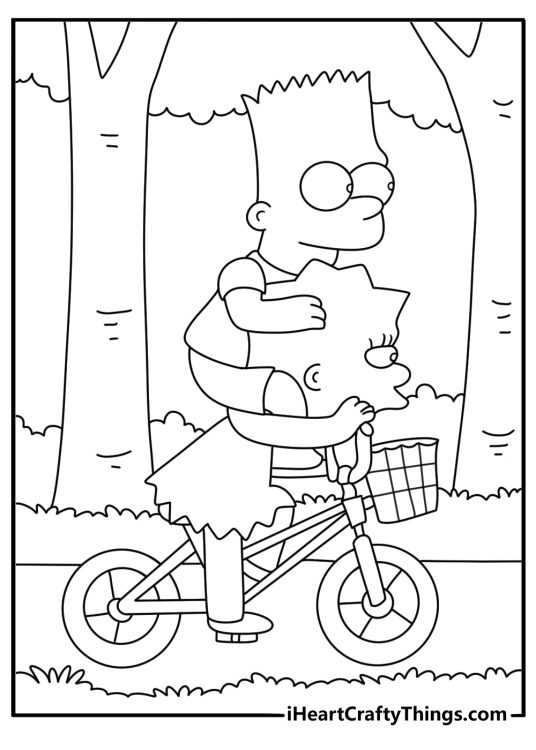Kids can color Bart and Lisa riding their bikes through Springfield