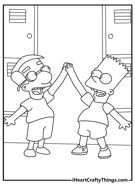 Milhouse joins Bart near the school lockers in this fun coloring sheet