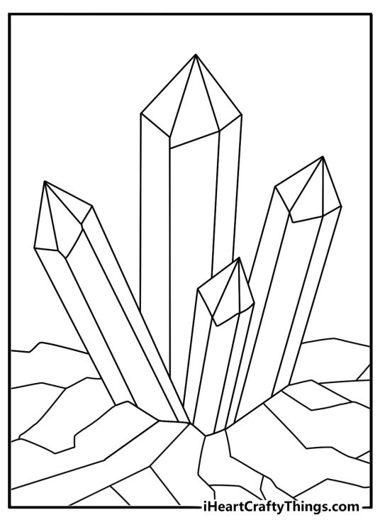 Natural crystal points rise from a cracked rock in this coloring sheet